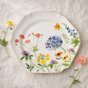 Floral Octagonal Plate 8 Inch Botanical Gold Trim Cottagecore Garden Table Decor